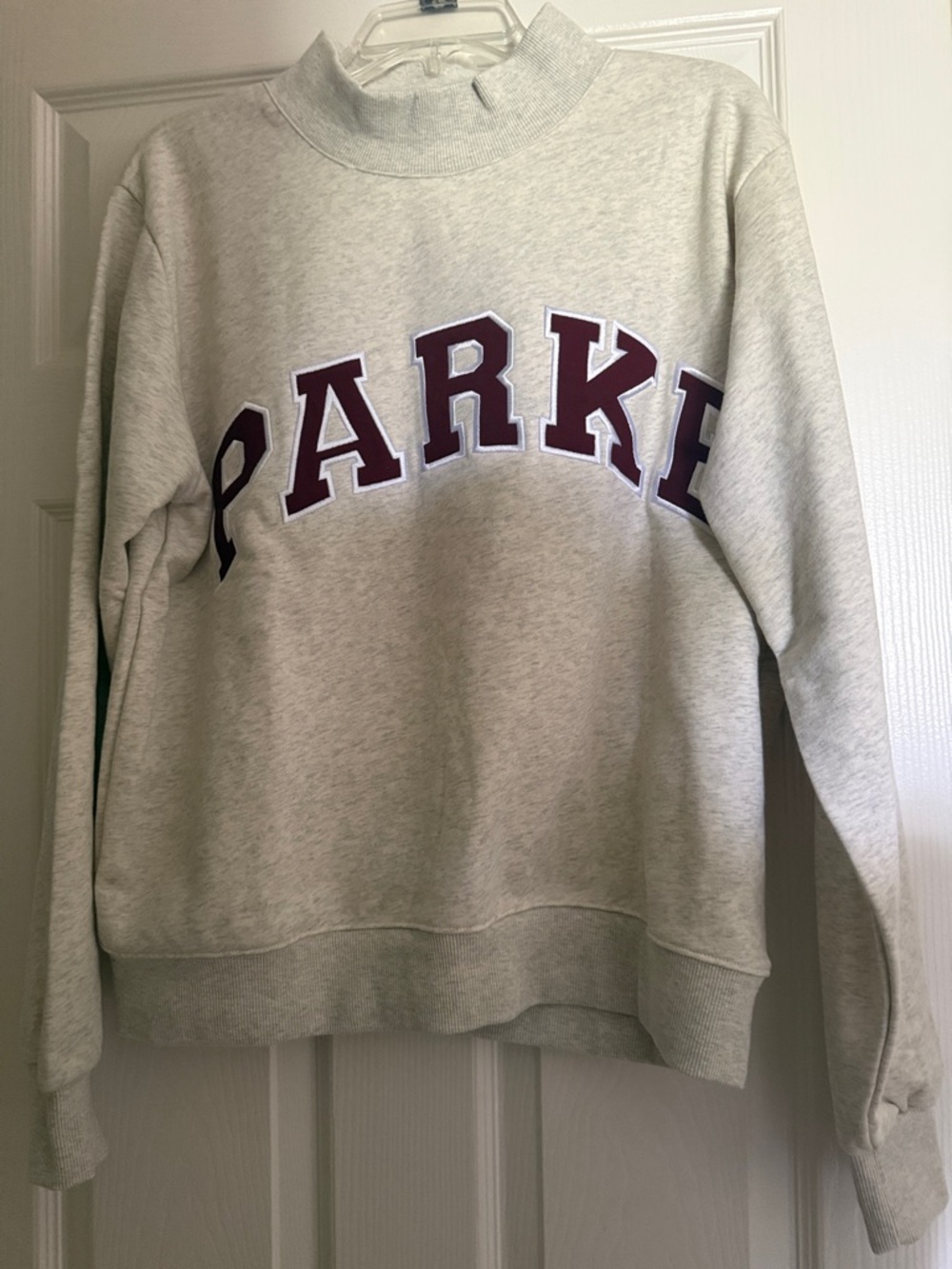 Parker Light Heather Gray Mock Turtleneck Sweatshirt with Maroon Appliqué